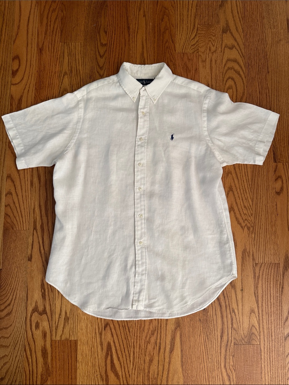 Ralph Lauren White Short-Sleeve Linen Button-Down Shirt with Navy Pony